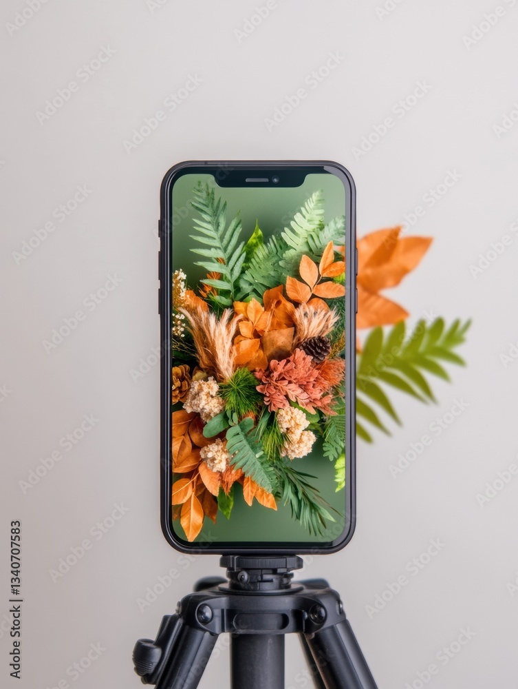 Poster Digital Botanical Creativity Minimalist Smartphone Studio Capture of Lush Autumn Floral Composition - Content Creation Tech for Modern Visual Storytellers