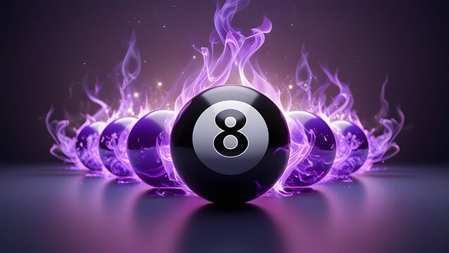 Magic Eight Balls in Purple Flames. A striking illustration consisting of a black billiard ball with the number eight covered in purple flames on a dark background.