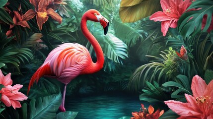 A whimsical and vibrant tropical scene featuring flamingos and lush blooms, perfect for wallpaper