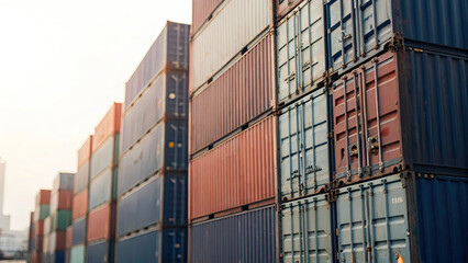 Close-up of a stack of international shipping containers symbolizing global trade and tariffs, representing logistics, import export, and worldwide commerce concepts.