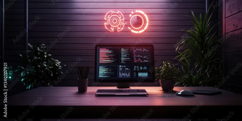 Poster a modern workspace featuring a computer with data displays, surrounded by plants, illuminated by neo