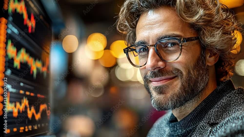 Poster A man with glasses is smiling at a computer screen with a lot of numbers on it