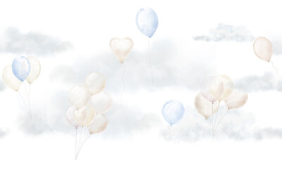 Light blue and beige air balloons in fluffy clouds. Watercolor digital illustration. Seamless horizontal border isolated on white background. For holiday theme, birthday, gender reveal party