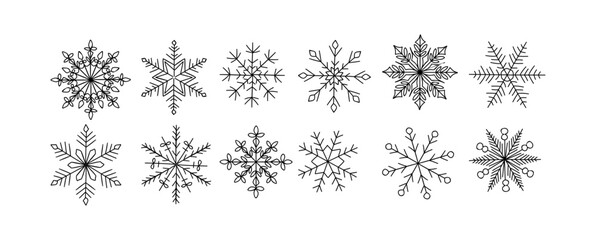 Set of different Abstract snowflakes. Winter snow. Christmas design elements for Overlay, banner, card, invitation. Hand drawn black outline illustrations isolated on transparent background.