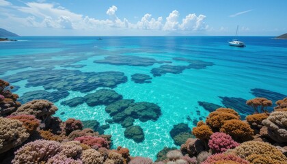 Fototapeta premium Exploring vibrant coral reefs a scenic marine adventure in the caribbean sea nature photography serene coastal environment aerial view of underwater wonders