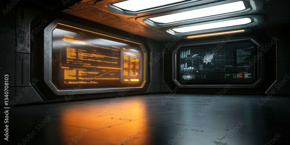 Poster A futuristic room with illuminated panels and sleek design, featuring large windows showcasing a high-tech environment.
