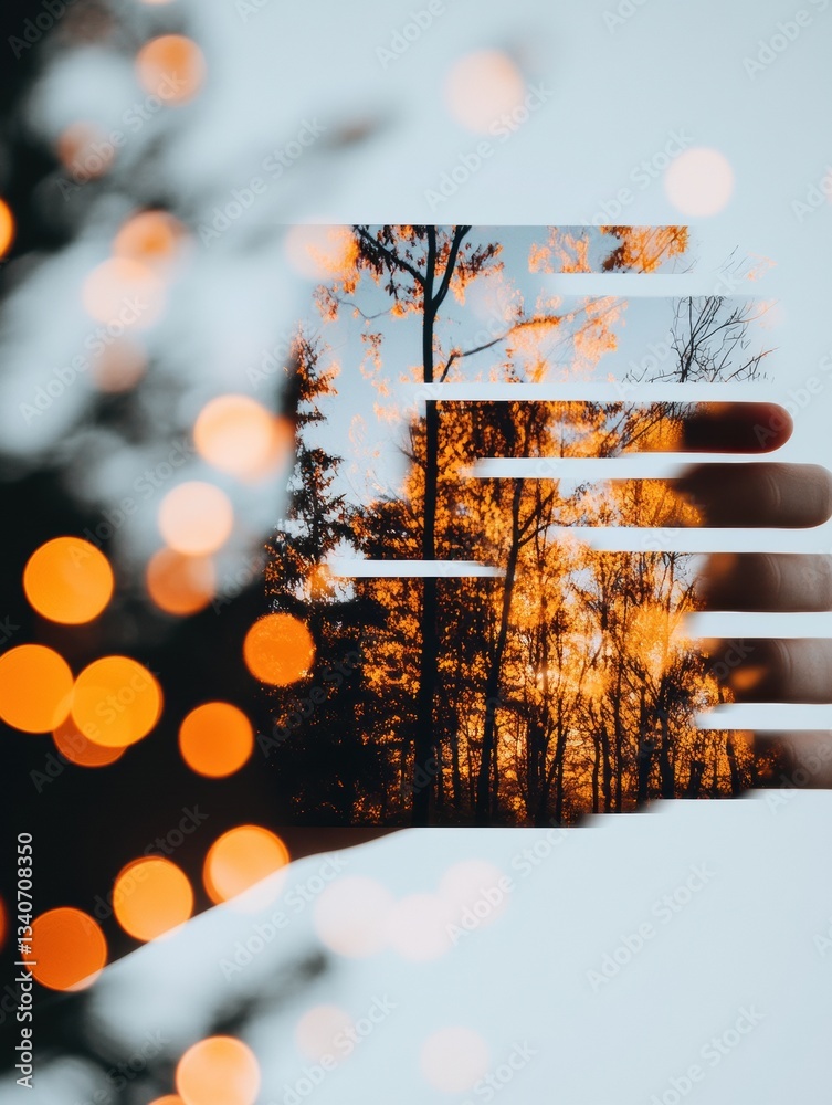 Aufkleber ethereal autumn deconstruction layered digital forest landscape with bokeh overlay - creative visual