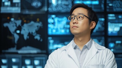 A scientist in a lab coat gazes thoughtfully at digital screens displaying data and maps, representing research and innovation in technology.