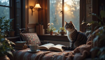 Serene cat observing sunset indoors cozy living room photography warm environment close-up view tranquility concept for seo impact