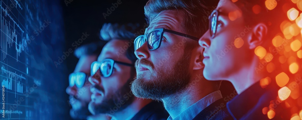 Poster A group of focused individuals, wearing glasses, gaze intently at a screen displaying data and graphics, illuminated by vibrant blue and red lights.