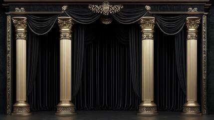 Elegant gold columns and black velvet curtains backdrop.