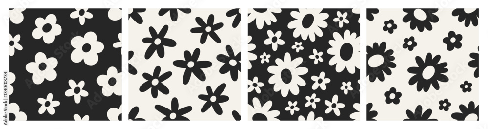 Poster seamless daisy patterns set. groovy flowers, endless background, texture. simple floral repeating pr