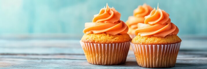 Delicious orange cupcakes celebrating koningsdag in the netherlands with festive decor. Orange sweets. King's Day. Horizontal banner. Copy space