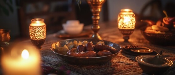 Fresh dates arranged on a table surrounded by candles, ideal for romantic dinner or special occasion