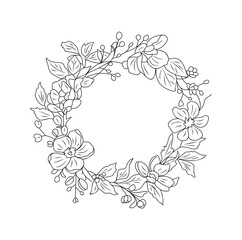 Hand drawn botanical wreath line art vector illustration isolated on transparent background. Circle frame with wild flowers and leaves in black ink sketch style. Wedding invitation.