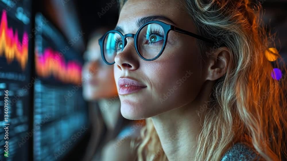 Poster a woman wearing glasses is looking at a computer screen with a lot of numbers