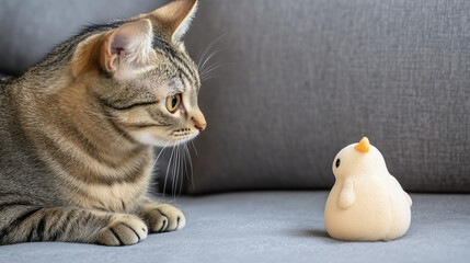 Curious tabby cat on cushion, gazing at a small toy, surrounded by soft textures and warm light.