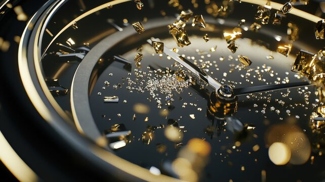 Premium 3D-rendered close-up of a diamond-studded clock striking midnight, with gold particles in the air, luxurious and festive, perfect for New Year, celebration, and luxury illustrations. - Powered by Adobe