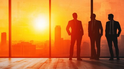 Silhouetted figures stand against a stunning sunset, overlooking a cityscape, embodying themes of ambition and contemplation.