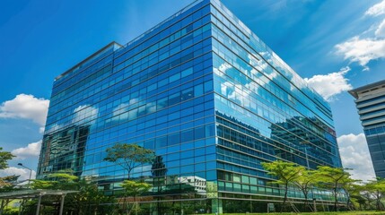 Fototapeta premium Tall glass building with mirrored windows and bright daylight.