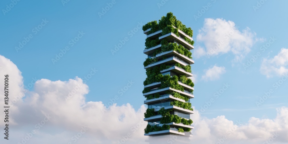 Poster a modern skyscraper integrated with lush greenery, showcasing eco-friendly architecture against a br