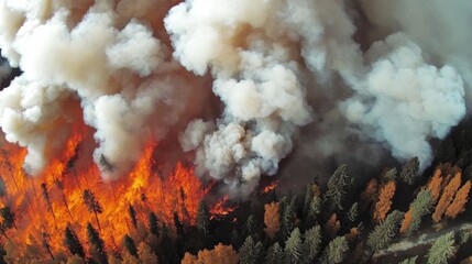 Fototapeta premium This powerful aerial image captures a vast forest engulfed in flames, with billowing clouds of smoke rising into the sky, highlighting the impact of wildfires on nature.