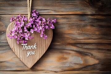 
A wooden heart with purple flowers hanging on the wall, written in cursive font "Thank you."

