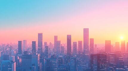 Fototapeta premium Cityscape glows under a vibrant pastel colored sunrise sky