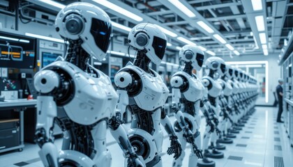 Robotic assembly line showcasing advanced technology futuristic factory digital art industrial setting wide-angle view innovation in automation