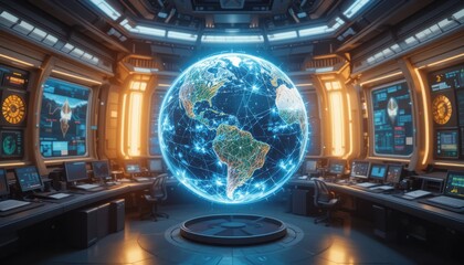 Virtual global connectivity a futuristic control room overview high-tech environment digital content sci-fi viewpoint
