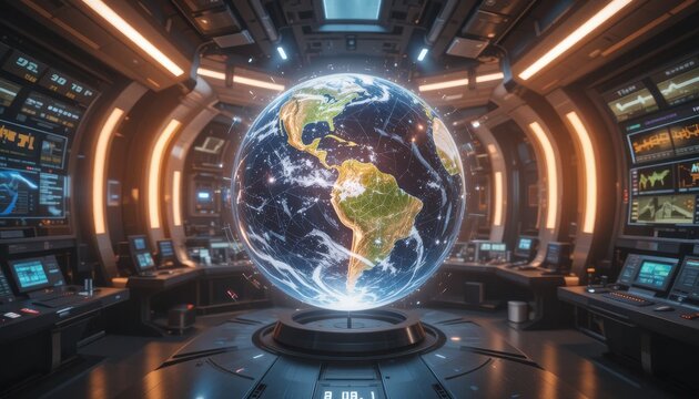 Innovative earth visualization technology futuristic control room digital artwork sci-fi environment high-tech viewpoint global awareness concept - Powered by Adobe