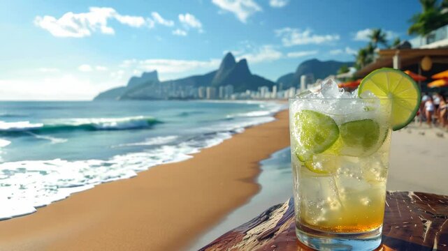 A chilled caipirinha cocktail with lime and ice sits on a wooden surface by the beach, overlooking ocean waves and tropical scenery.