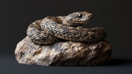 A close-up view of a snake coiled on a rocky surface