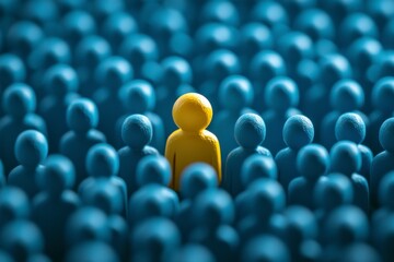 Fototapeta premium Unique yellow figure standing out from a crowd of blue figures, leadership and individuality concept