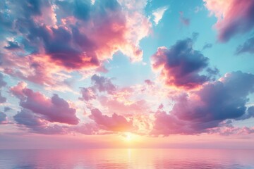 Obraz premium Vibrant dreamlike sunset over the ocean with pink and purple fluffy clouds in a turquoise sky