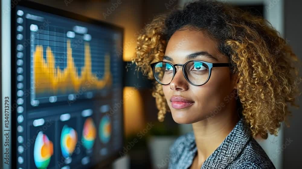 Poster a woman wearing glasses is looking at a computer monitor displaying graphs