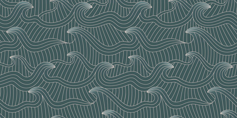 Fototapeta premium Hand drawn linear ripple waves, ocean, sea, water seamless pattern. Green abstract oriental style background