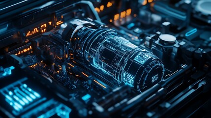 Fototapeta premium Futuristic Technology Lens on Electronic Circuit Board with Glowing Details