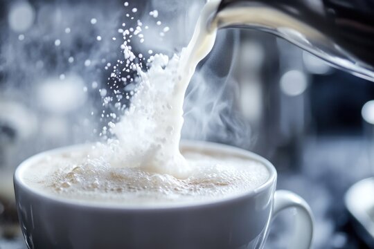 A person pouring a cup of coffee with milk, a moment of morning routine