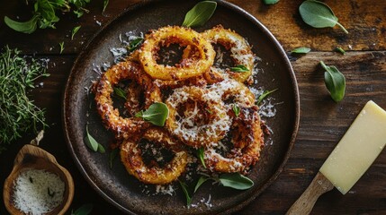 A rustic ceramic plate showcasing baked onion rings topped with grated Parmesan and herbs. Scattered herb leaves, Parmesan wedge, and a rustic knife complete the composition.