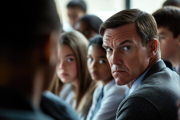 Obraz premium A man in a suit sits among a group of people, likely at a business meeting or conference