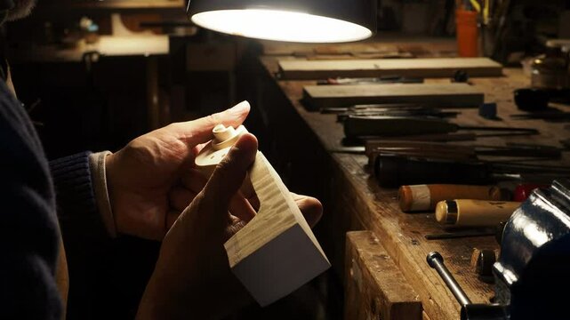 master violinmaker carving blank violin scroll under a small lamp, using specific wood carving tools, emphasizing precision in a traditional workshop with classic Italian design, slow motion shot