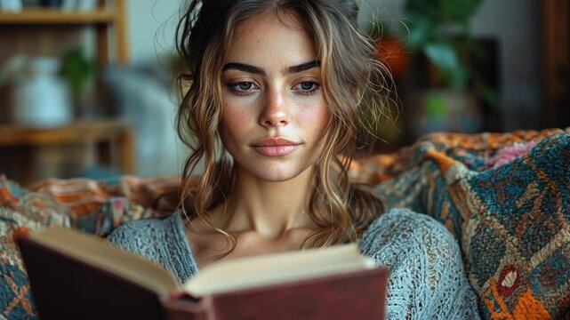 A woman is sitting on a couch with a book in her lap