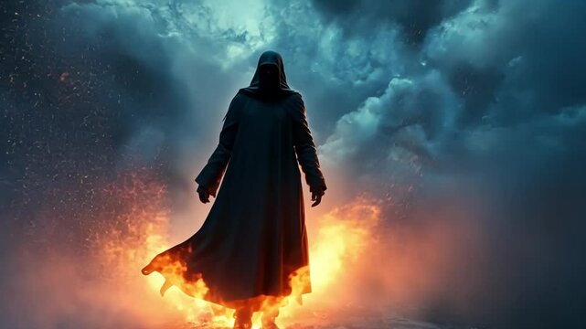 A man is walking through a fiery explosion