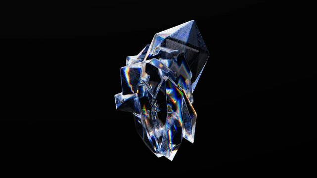 Abstract rotating crystal shape with dispersion effect on black background. 3D futuristic motion animation in a seamless loop