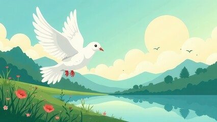 Naklejka premium Symbol of peace: a white dove flying over nature.