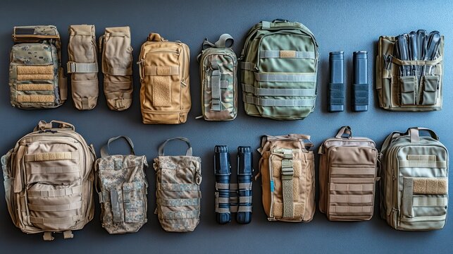 Military tactical gear laid out.  Various backpacks, pouches, and accessories - Powered by Adobe