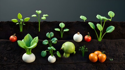 A clean, simple minimalist vector illustration of underground vegetables in layered soil, perfect for educational materials requiring clear and concise visuals