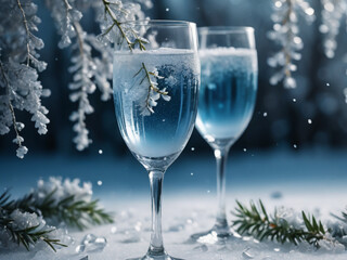 Frosty Blue Winter Drinks in Elegant Glasses with Icy Floral Decorations and Snowy Background