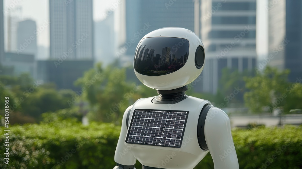 Poster a futuristic robot stands in an urban environment, surrounded by greenery and modern buildings, show
